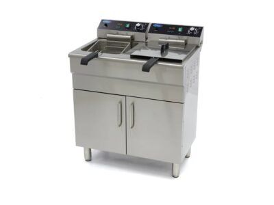 Freidora industrial doble 2 × 16 L con grifo de vaciado y armario, 400 V