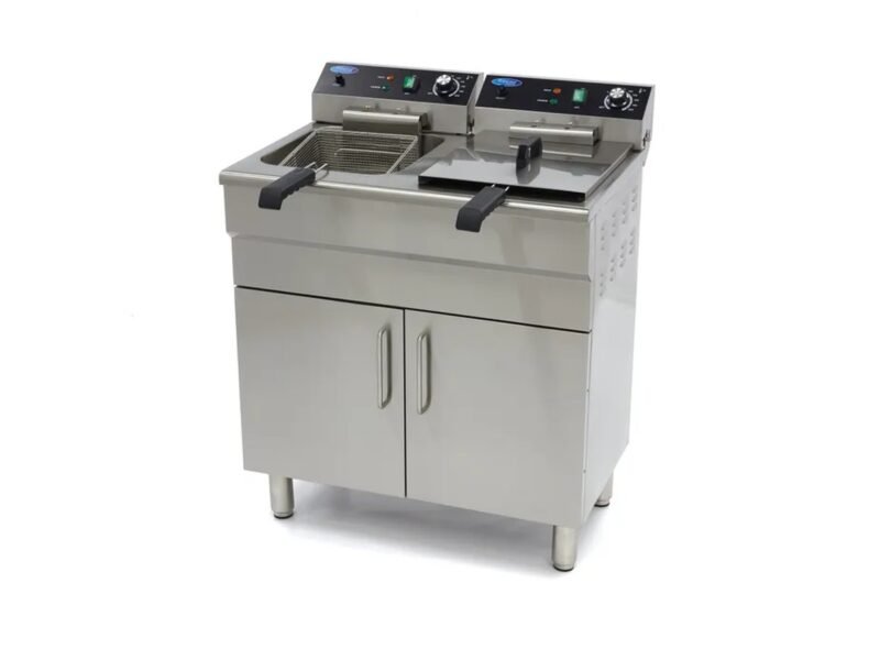 Freidora industrial doble 2 × 16 L con grifo de vaciado y armario, 400 V