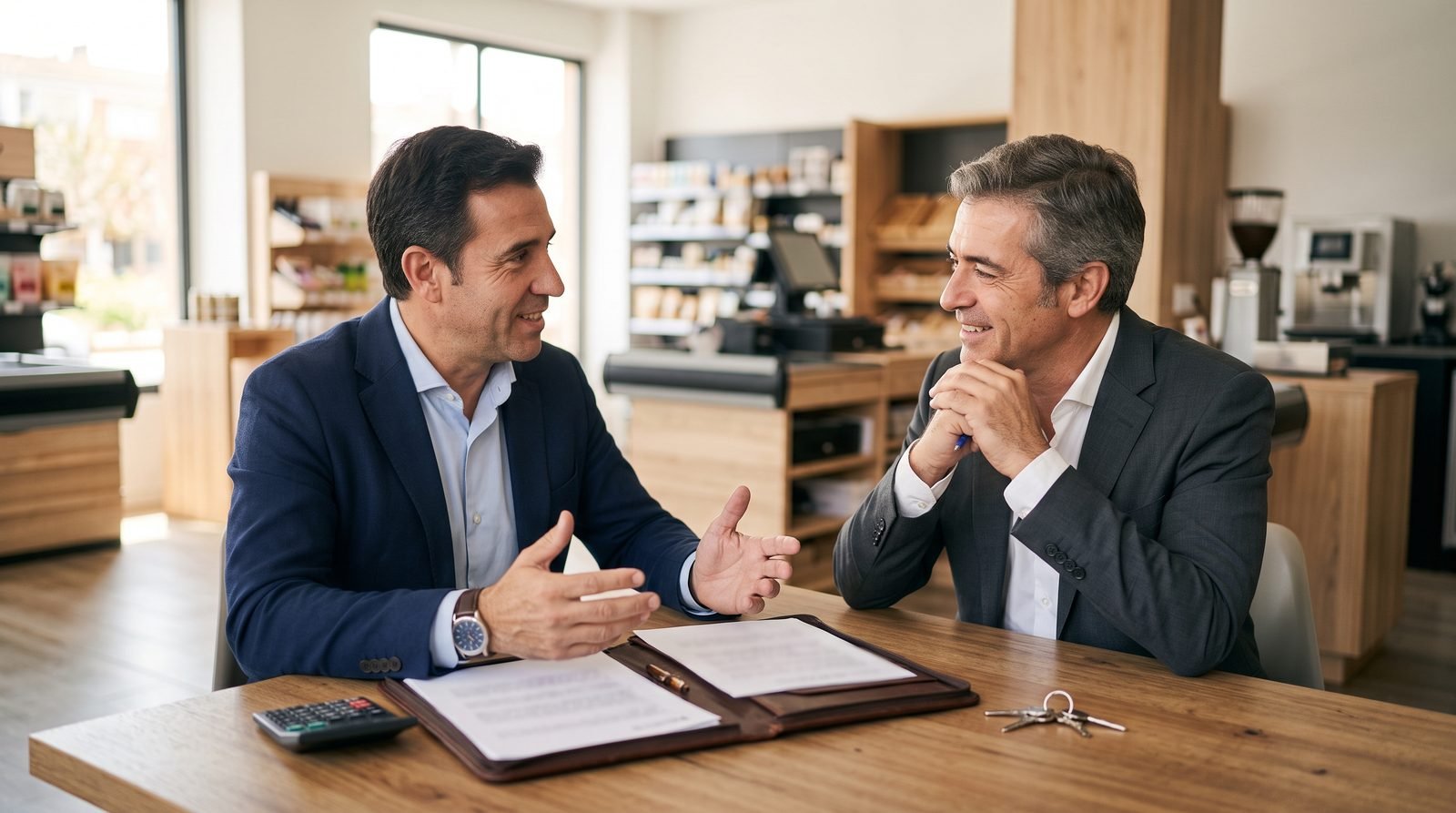 Dos personas sentadas frente a frente hablando con unos papeles sobre la mesa