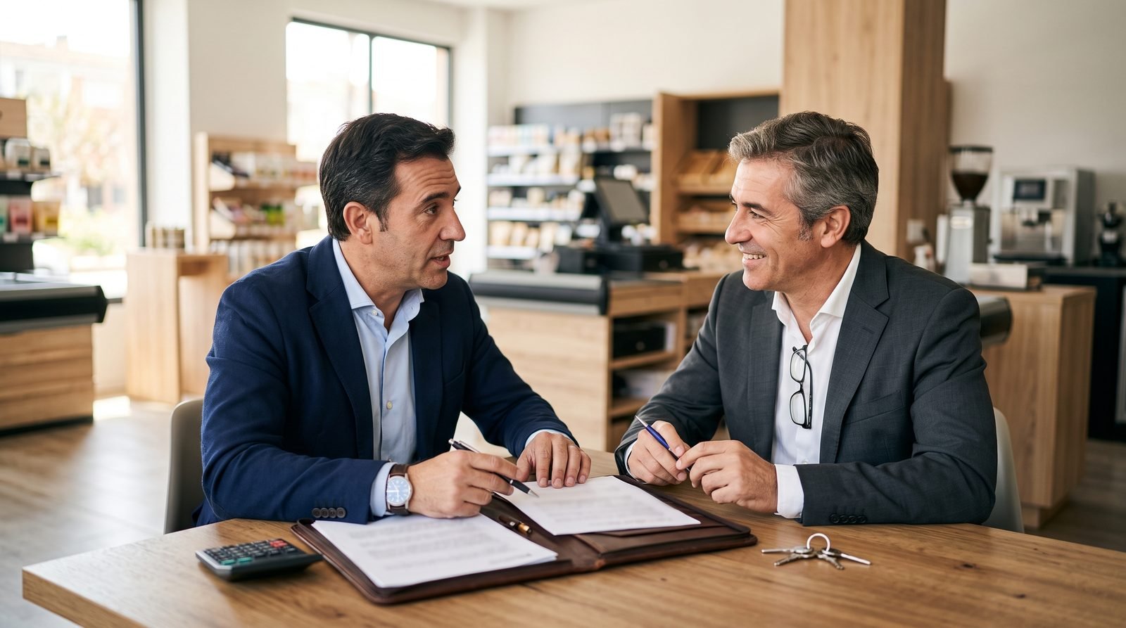 Dos personas conversando a ambos lados de un mostrador en un negocio