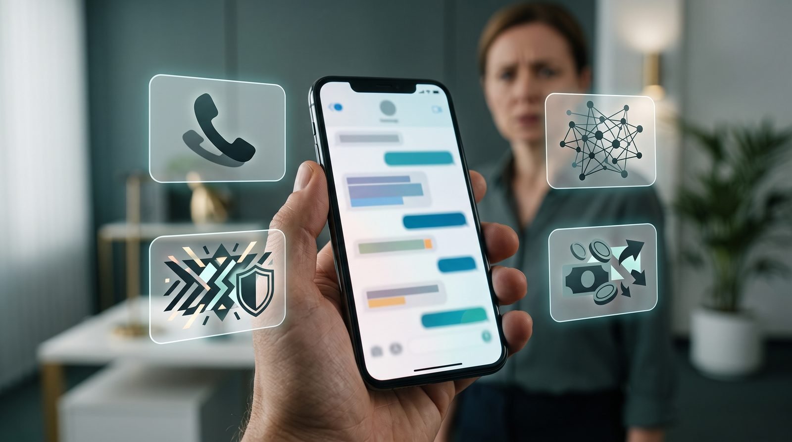Un teléfono móvil con una conversación abierta, rodeado de señales de llamadas y archivos maliciosos