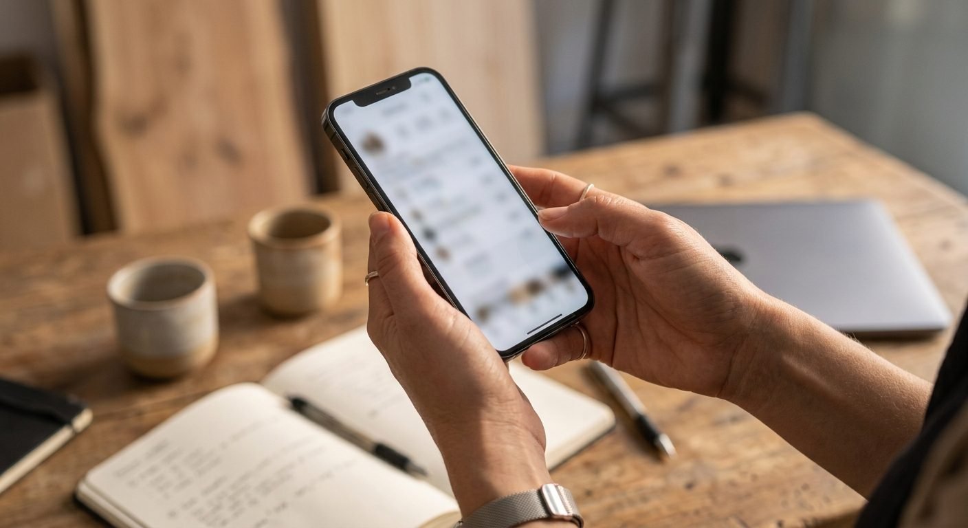 Unas manos sostienen un teléfono móvil sobre una mesa de trabajo mientras revisan una lista de anuncios