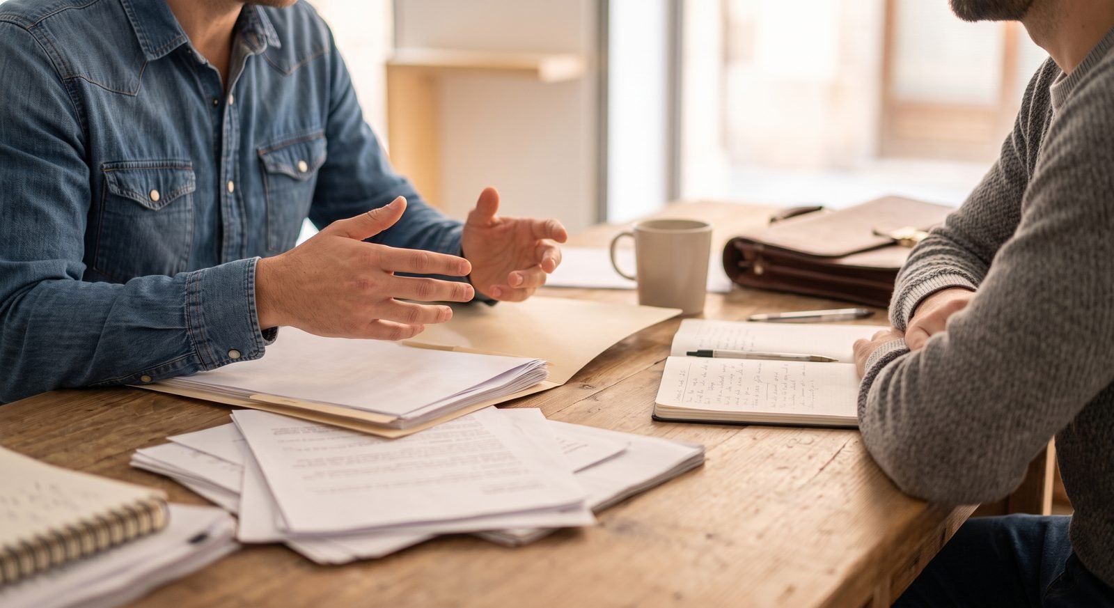 Dos personas conversan sentadas a una mesa con carpetas y documentos entre ambas