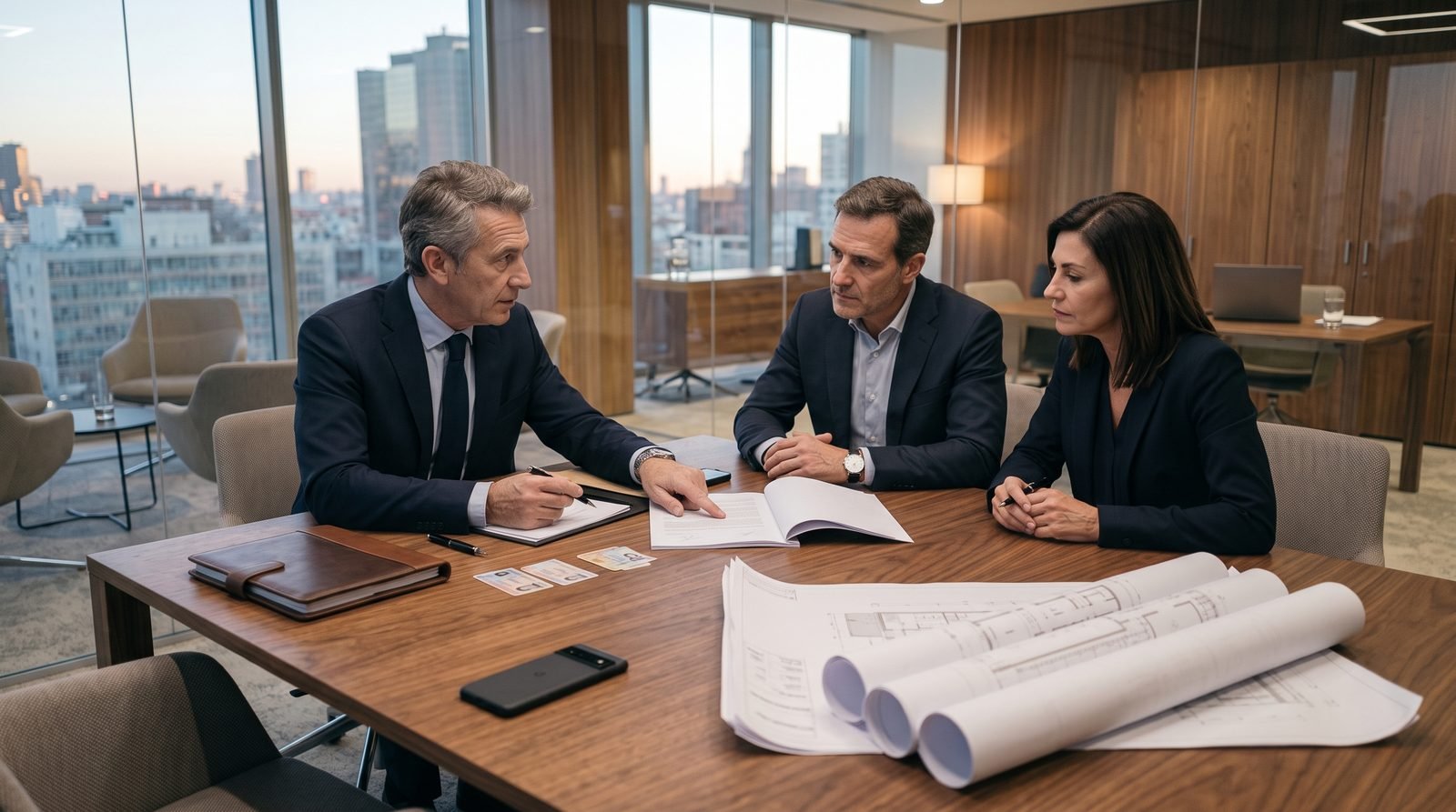 Tres profesionales revisando documentación y planos de una operación importante