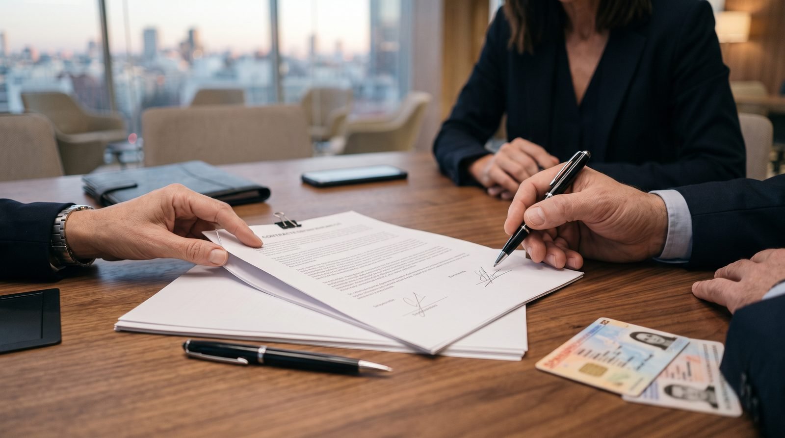 Dos personas firmando un contrato privado impreso en papel corriente