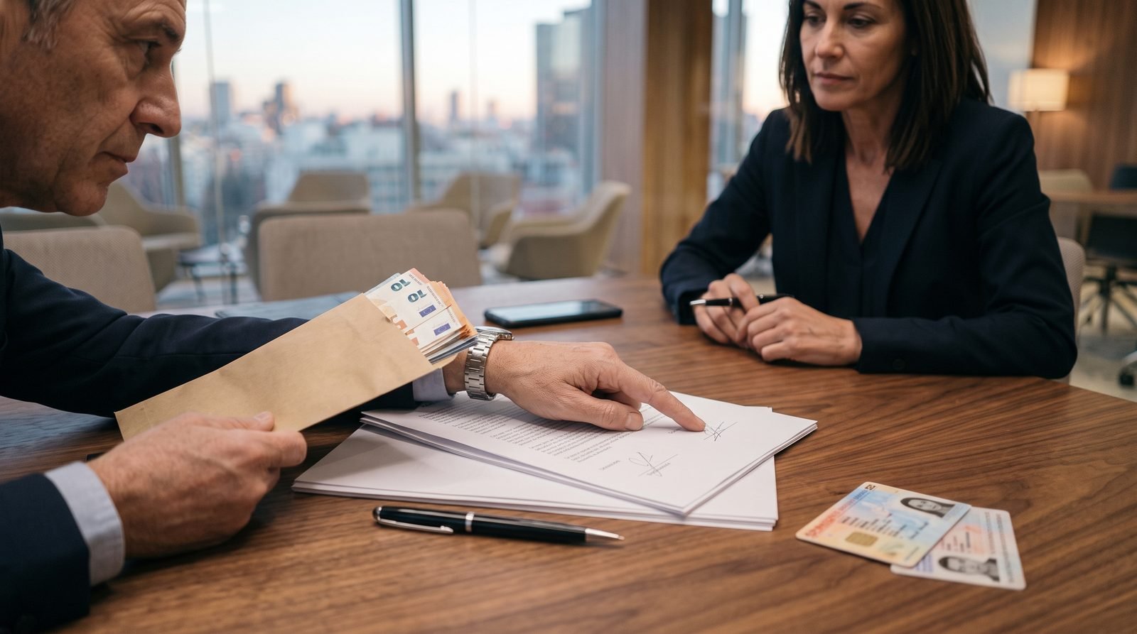 Un sobre con dinero junto a un documento sin firmar sobre la mesa de una reunión