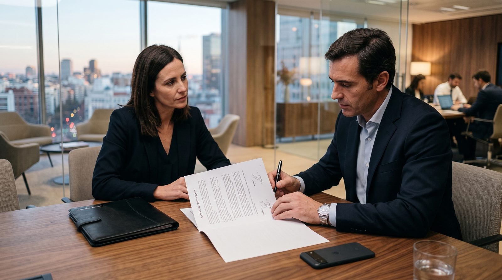 Dos personas revisando un contrato sobre la mesa antes de cerrar un trato