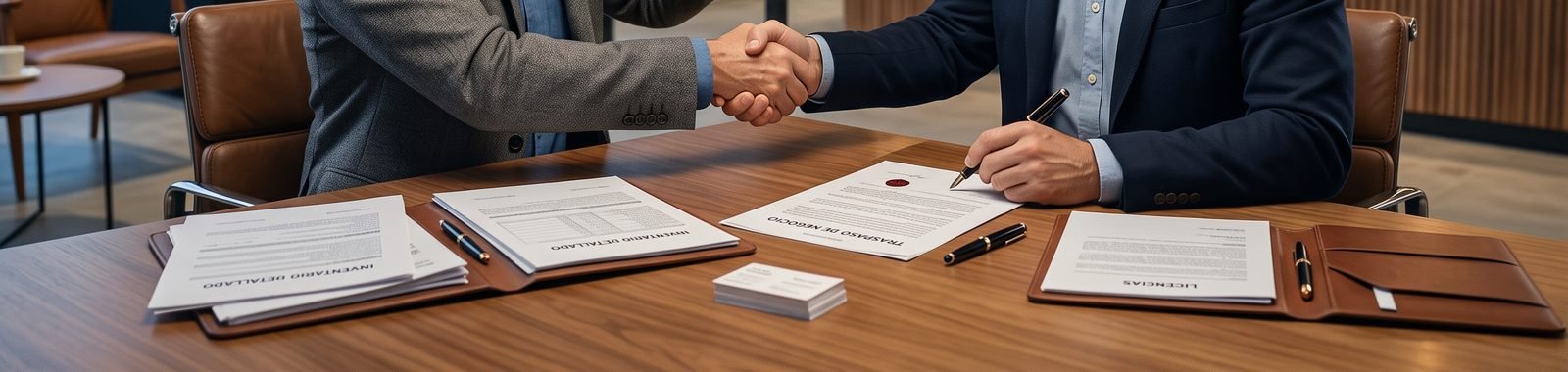 Apretón de manos sobre la mesa con el inventario, el contrato de traspaso y las licencias