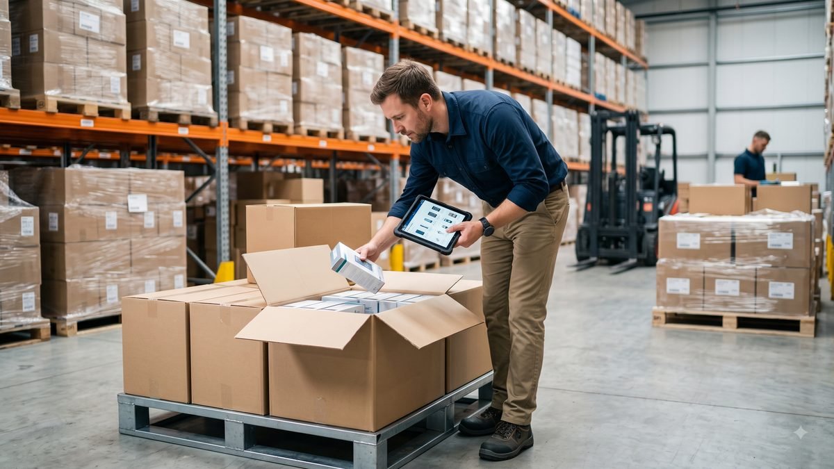 Revisando palés y cajas de un lote en un almacén