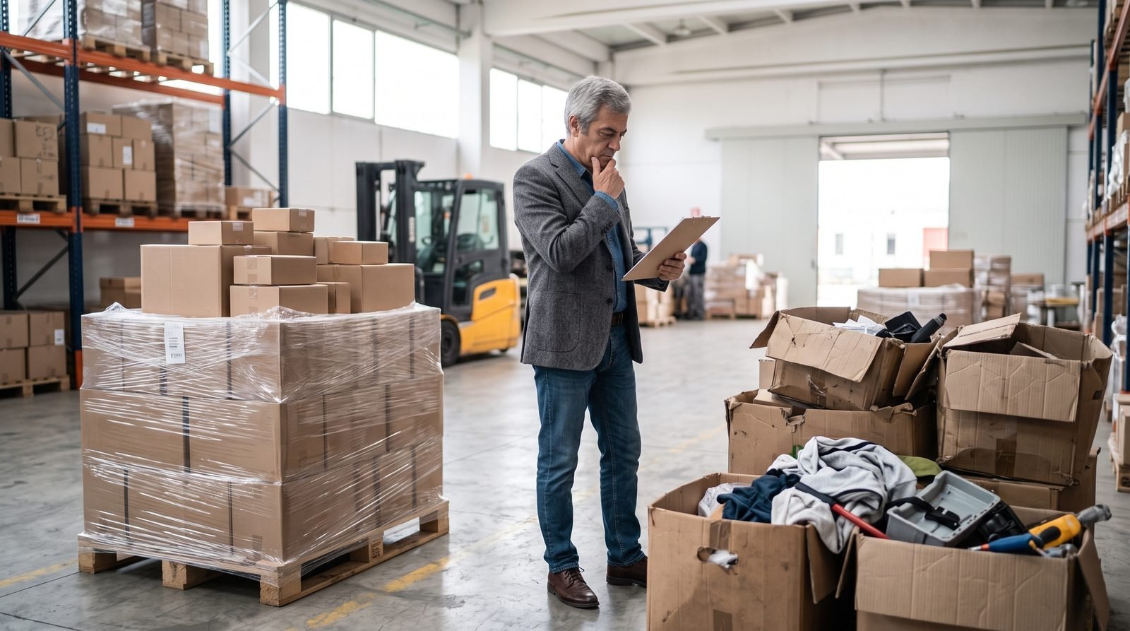 Cajas de mercancía apiladas de forma desordenada en un almacén