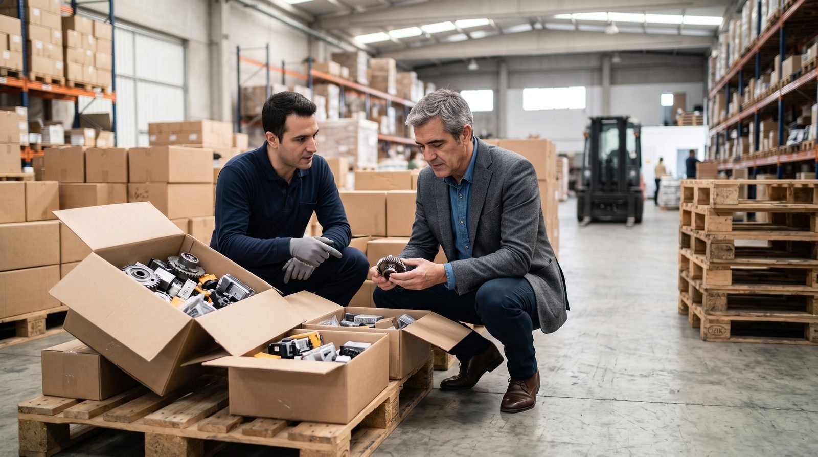 Una persona revisa y cuenta el contenido de unas cajas en un almacén