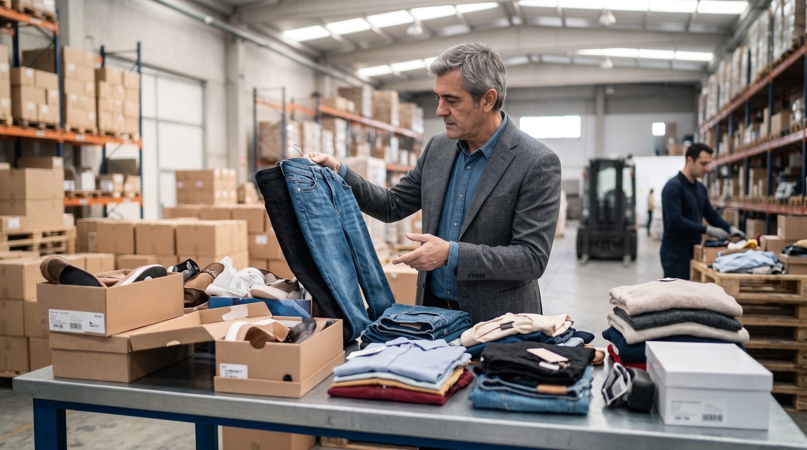 Percheros con ropa clasificada por tallas en un almacén