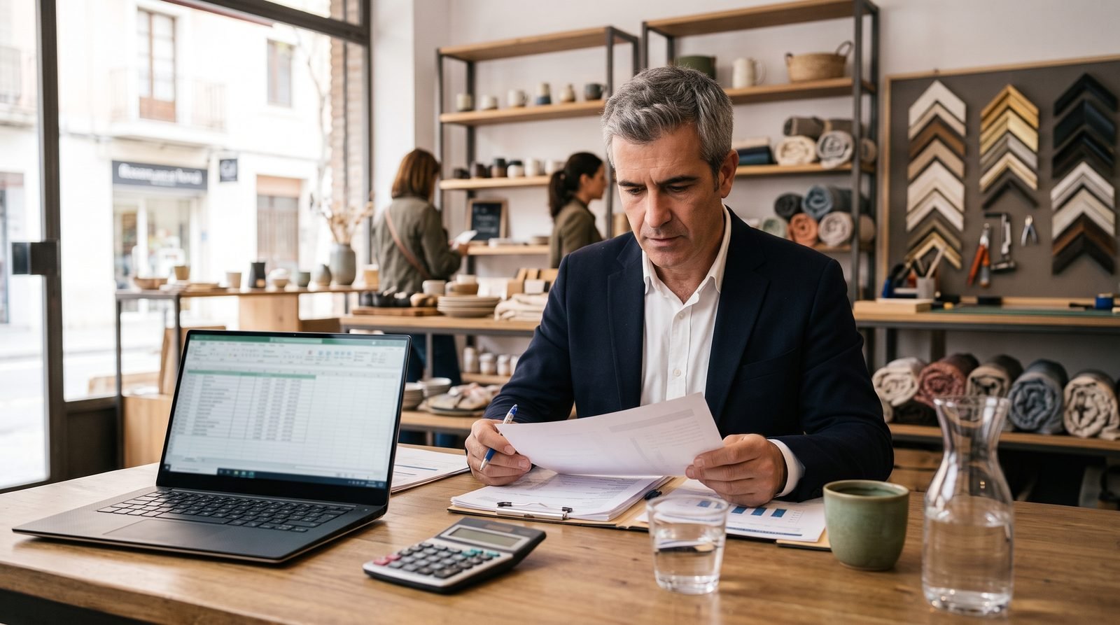 Documentos con cifras de facturación y gastos sobre una mesa, junto a una calculadora