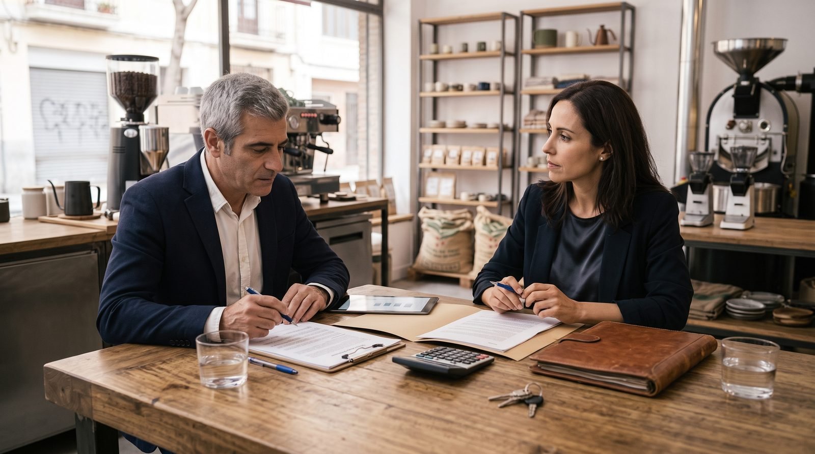 Dos personas sentadas frente a frente revisando documentos durante una negociación