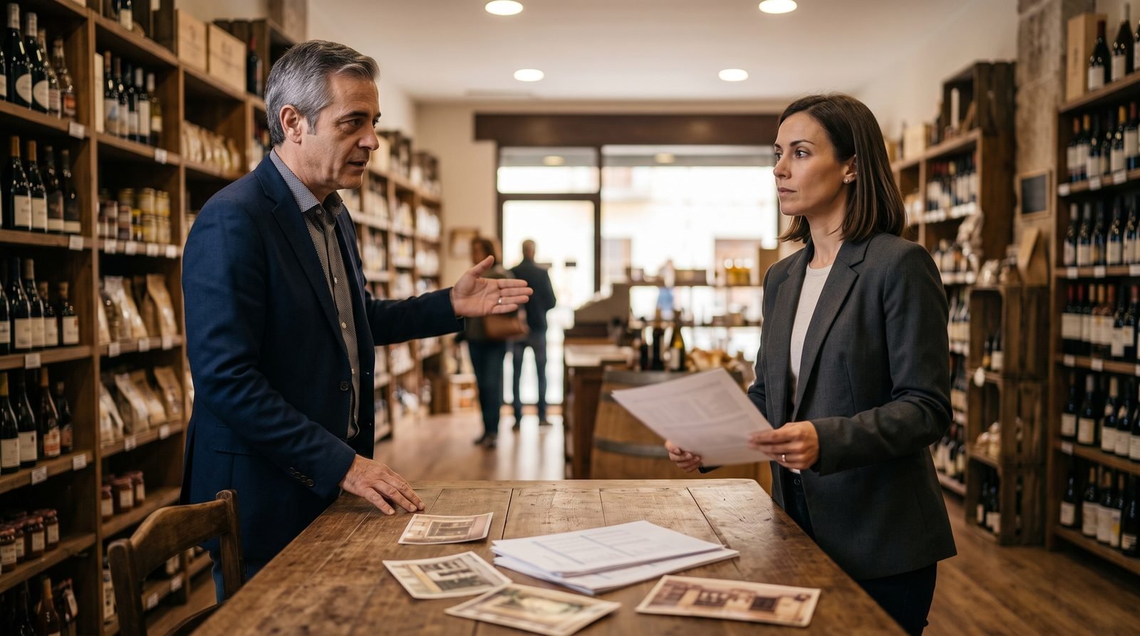 Dos personas revisan unos documentos con gesto serio sobre una mesa