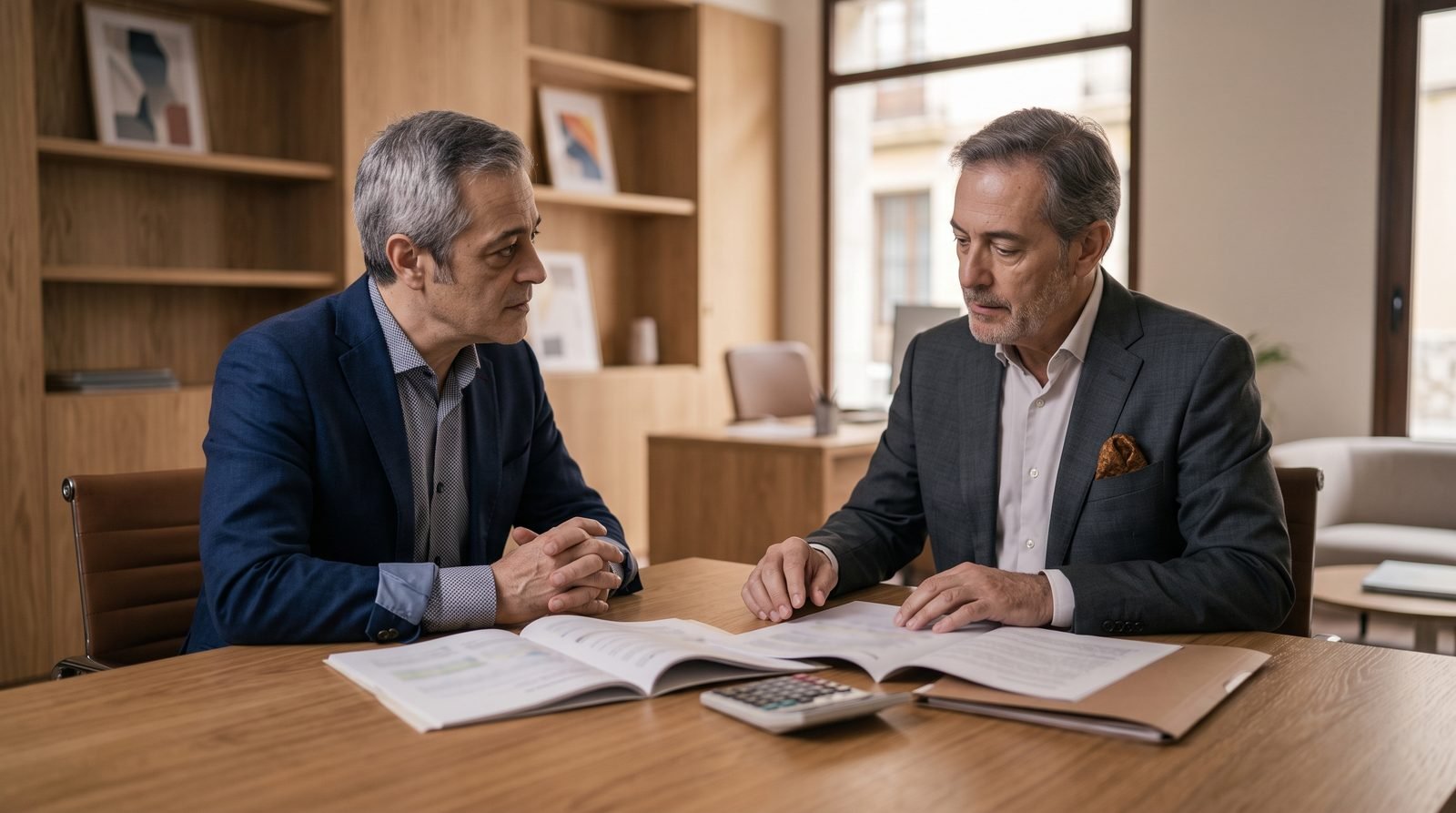 Dos personas negocian sentadas a una mesa con documentos delante