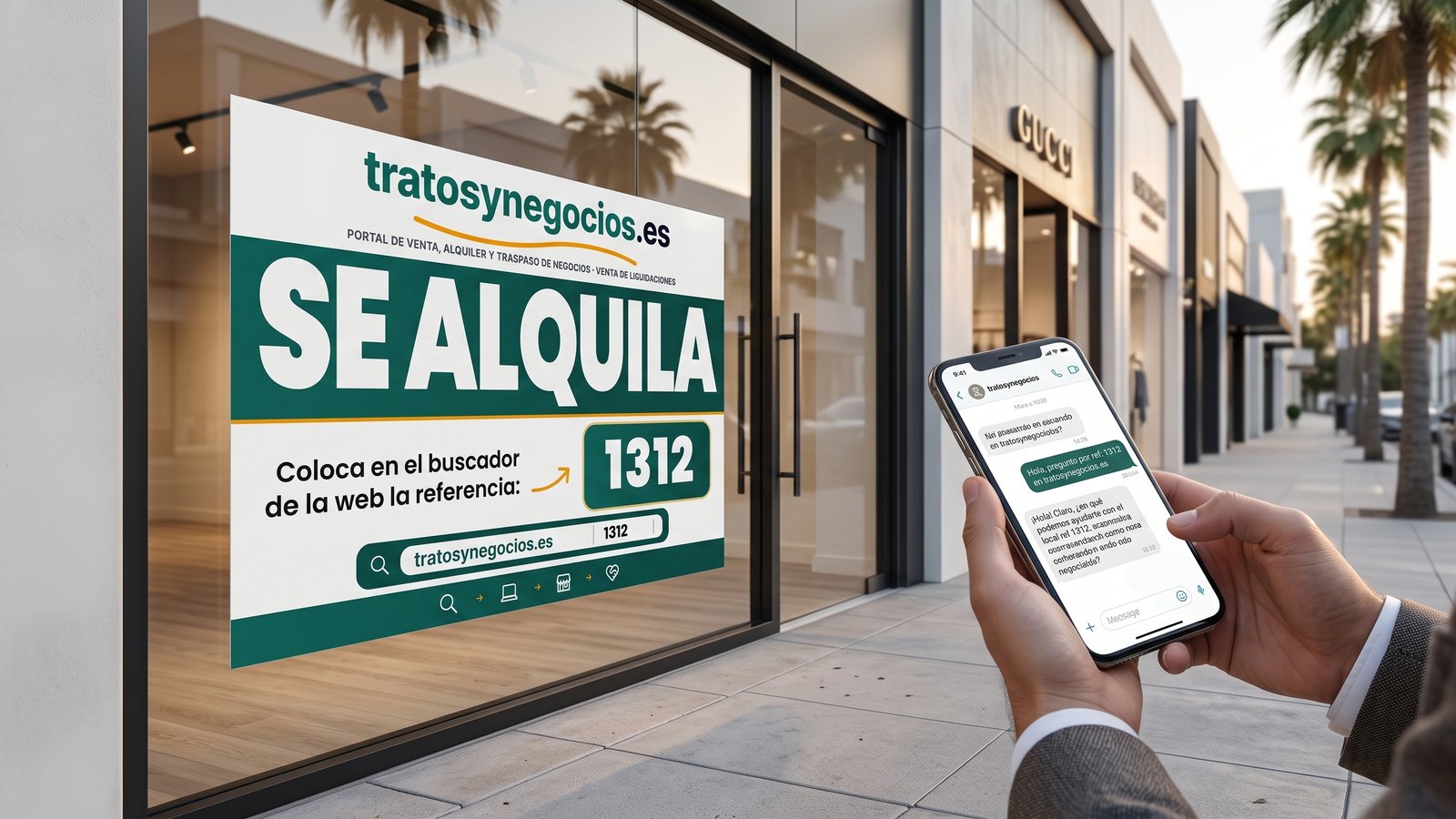 Cartel SE ALQUILA de gran formato en la fachada de un local