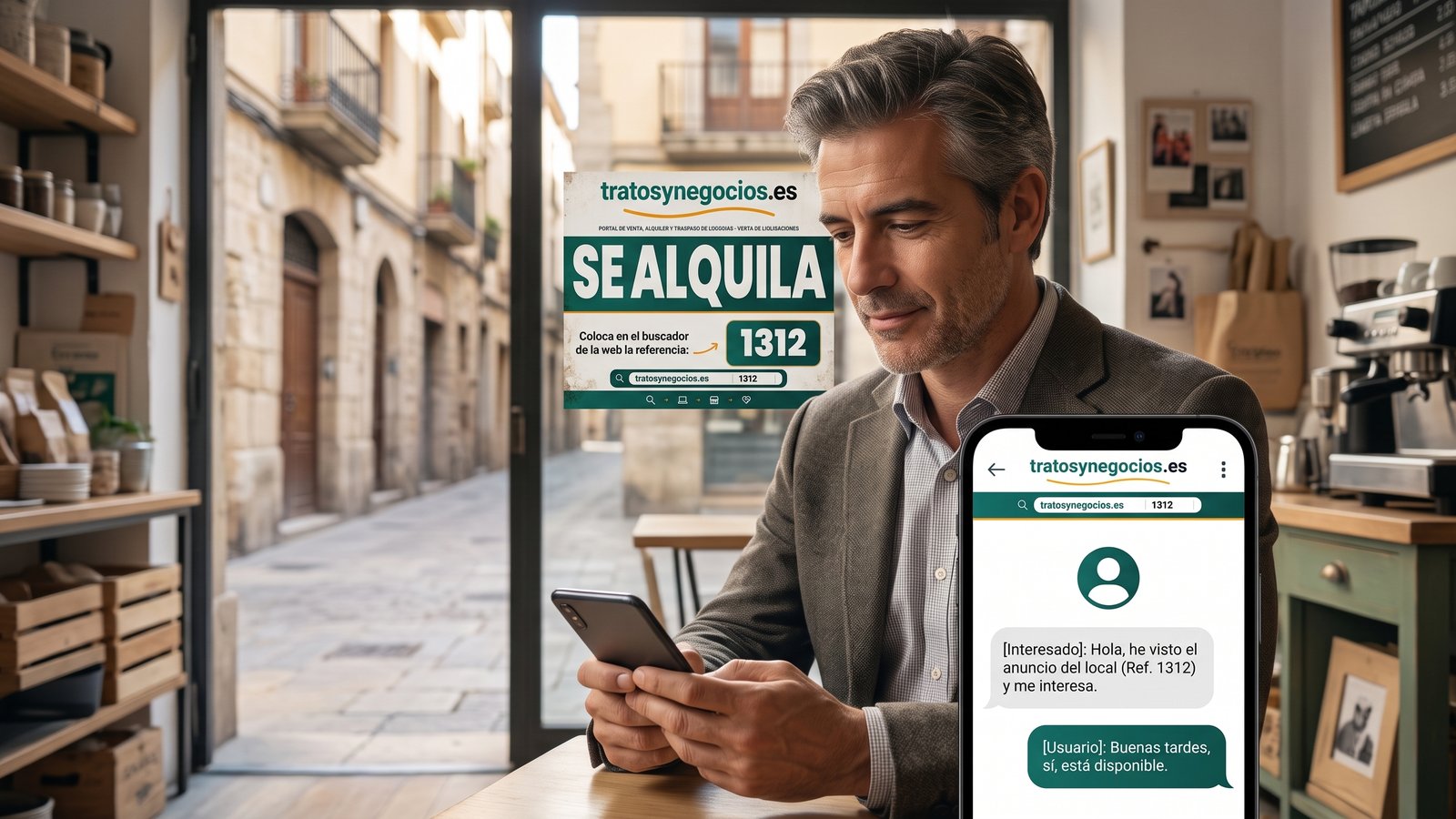 Un interesado consulta el anuncio en el móvil y escribe por el chat del portal