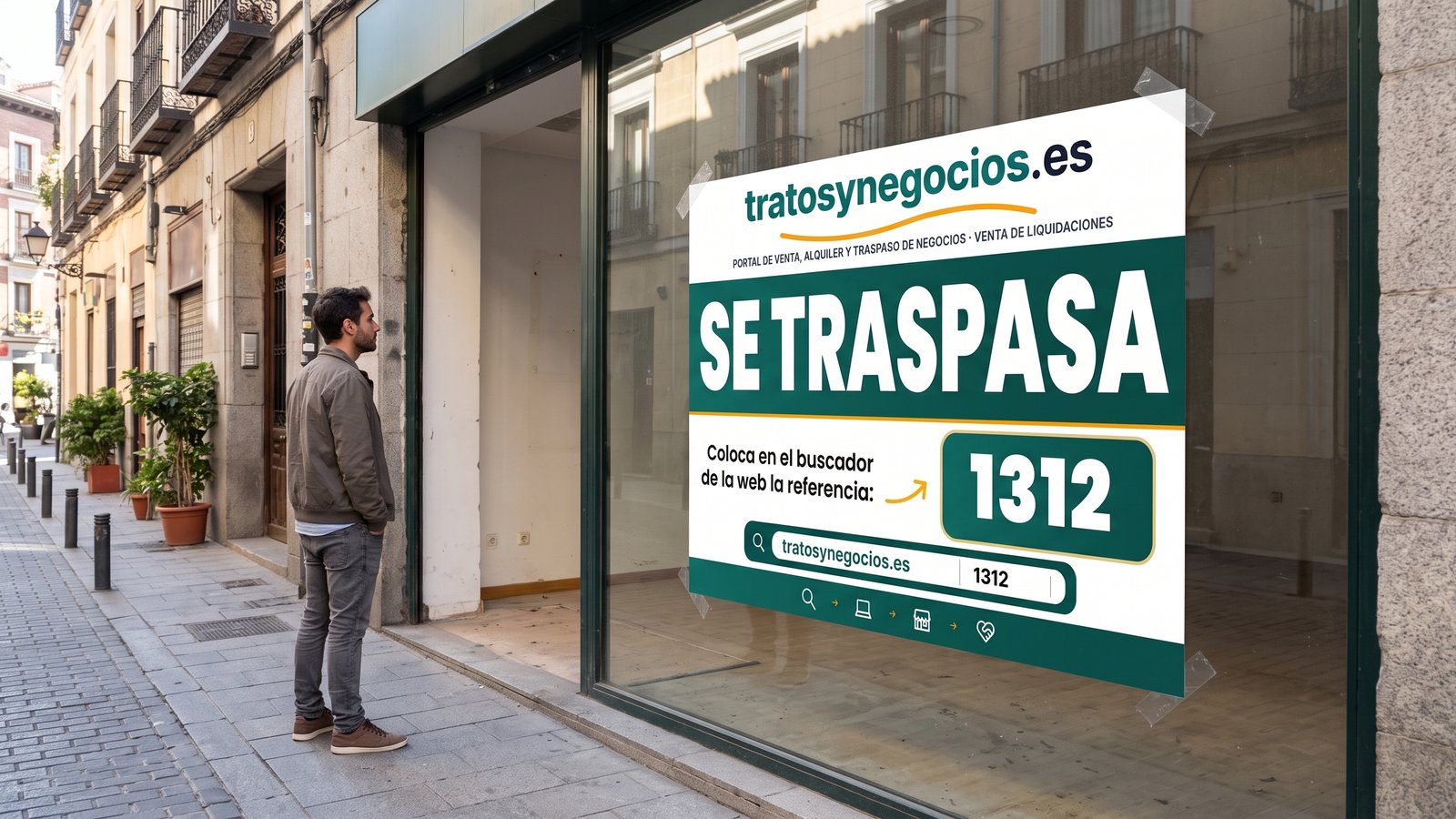 Cartel SE TRASPASA de tratosynegocios.es colocado por el interior del escaparate de un local