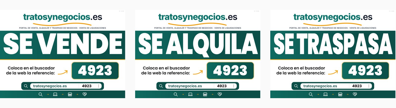 Los tres carteles de tratosynegocios.es: SE VENDE, SE ALQUILA y SE TRASPASA