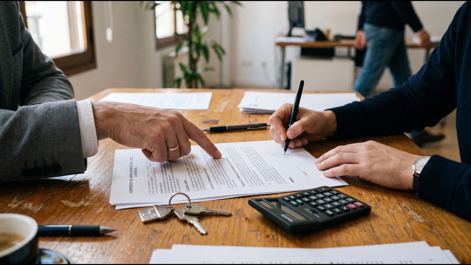 Contrato de arrendamiento de un local comercial sobre una mesa, con llaves y calculadora, y dos personas revisándolo