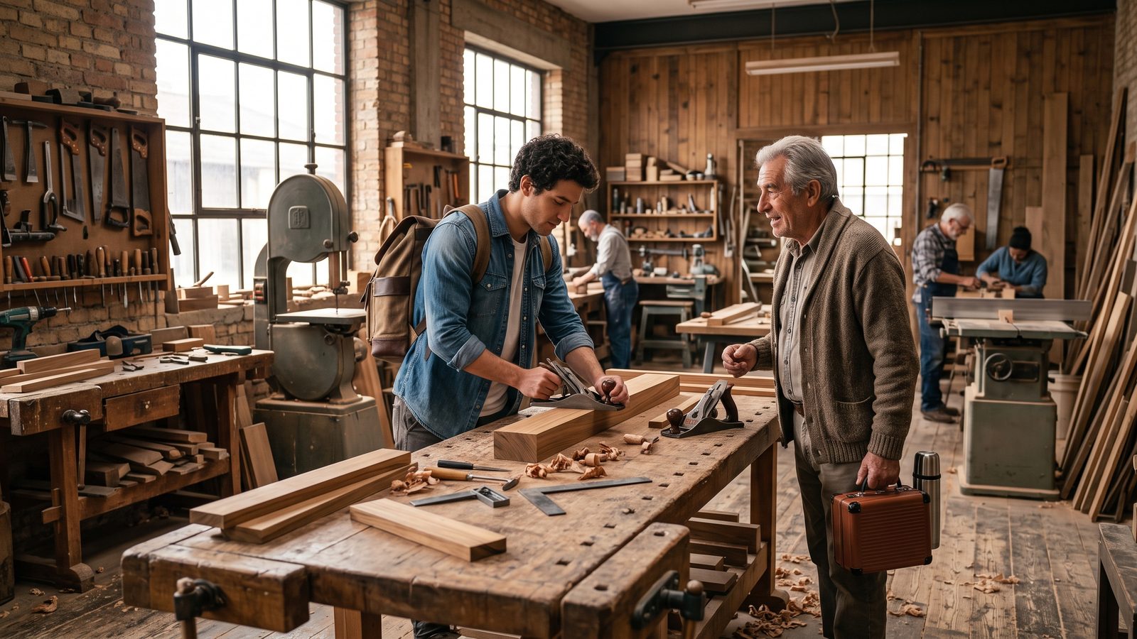 Carpintero trabajando la madera en un taller cedido