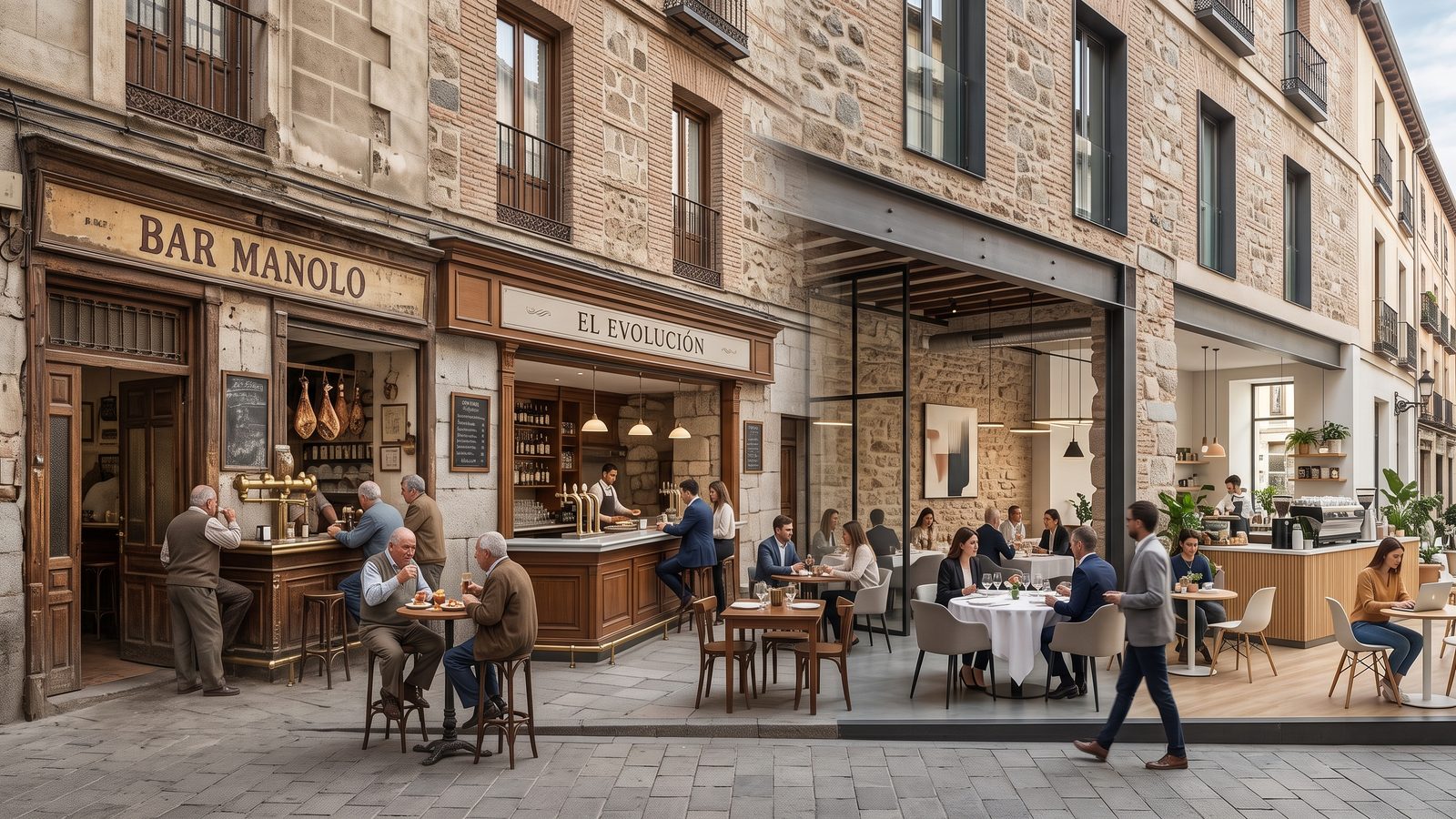 Un bar de barrio de toda la vida junto a una cafetería de especialidad moderna