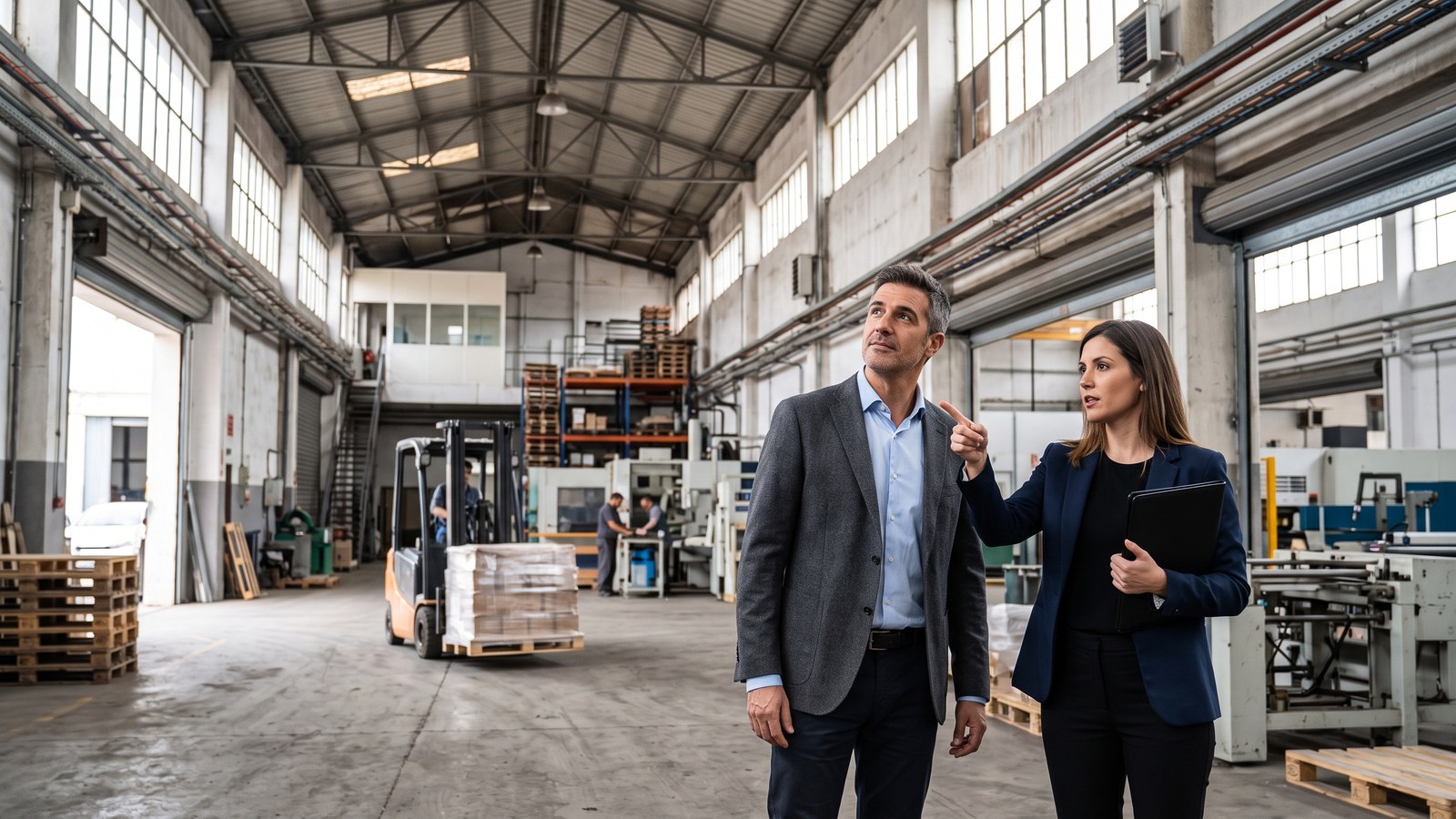 Dos personas revisan la altura y la estructura de una nave industrial durante una visita
