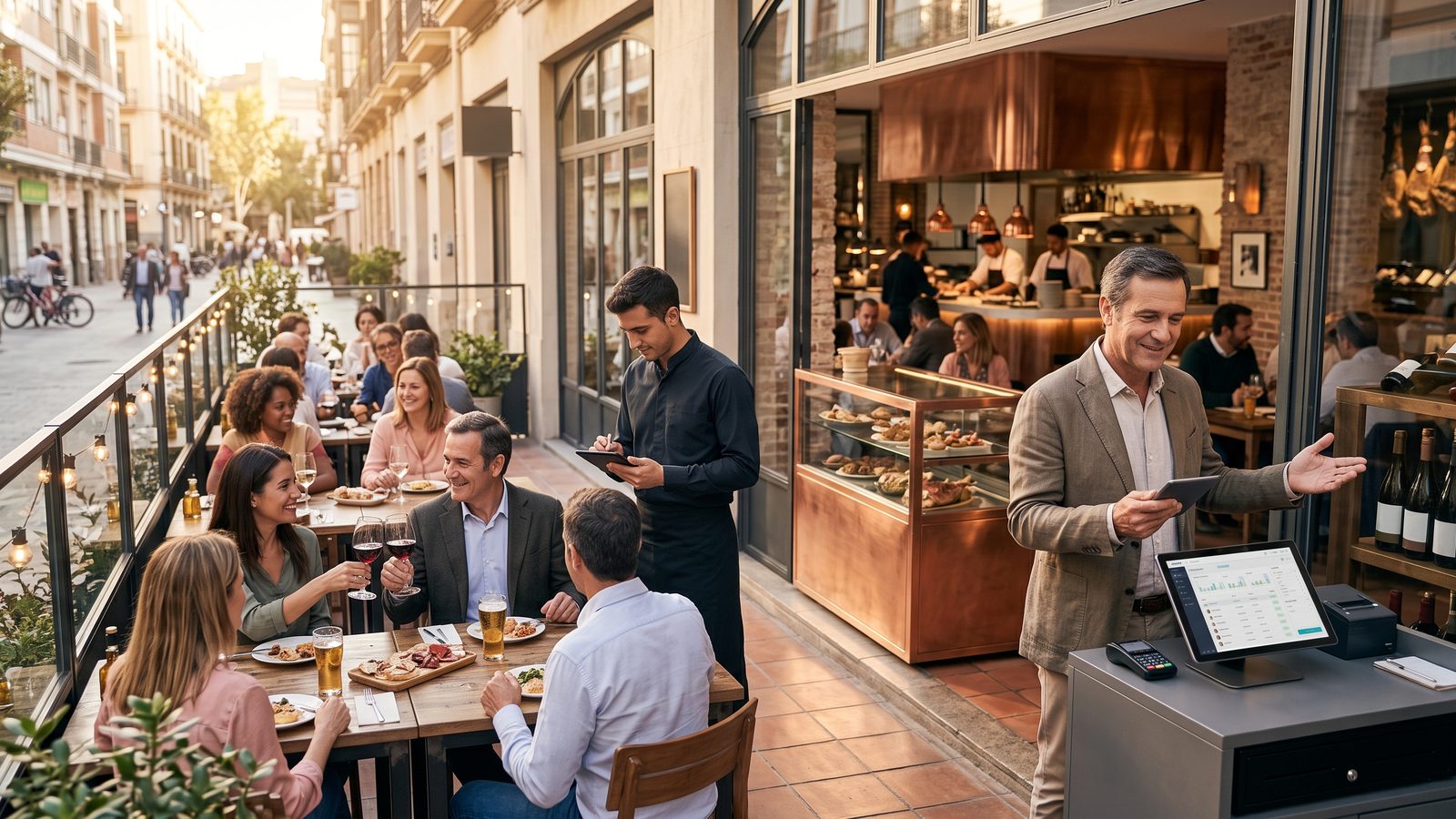 Restaurante moderno con reservas digitales y sala llena, imagen del futuro de la hostelería