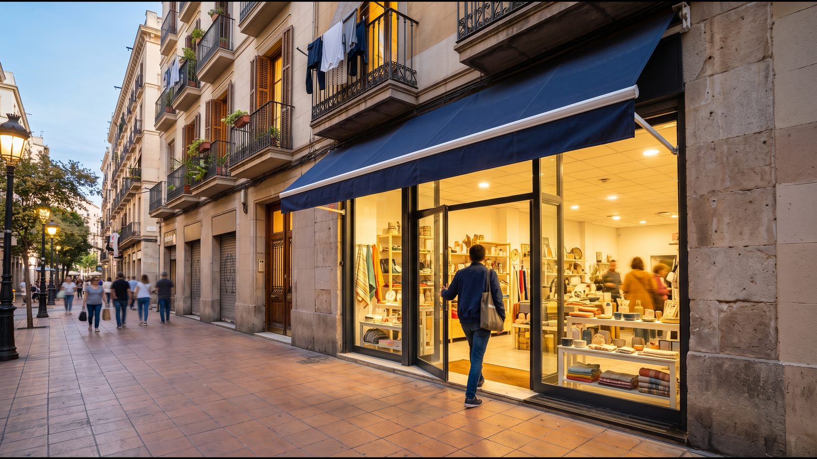 Local comercial de barrio ya alquilado y abierto al anochecer, con el escaparate iluminado