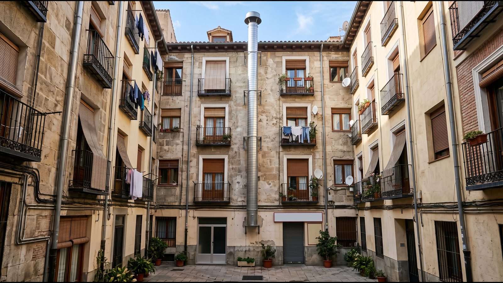 Tubo de extracción de humos de acero subiendo por la fachada trasera de un edificio de viviendas hasta la cubierta