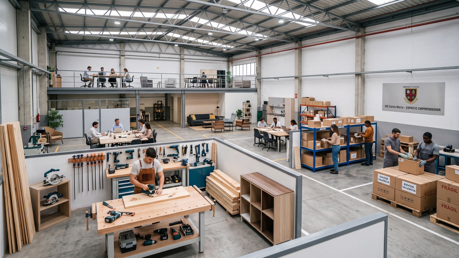 Nave industrial compartida con una carpintería, un pequeño almacén y una zona de oficinas en altillo