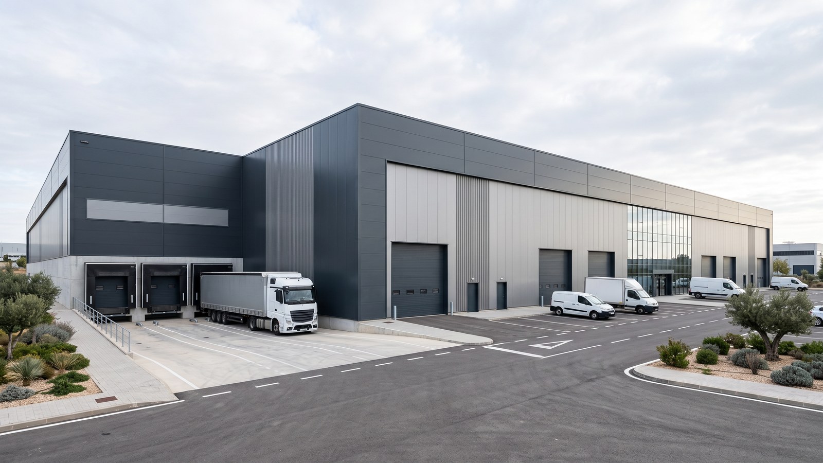 Nave industrial moderna con muelles de carga, camión y patio de maniobra en un polígono español