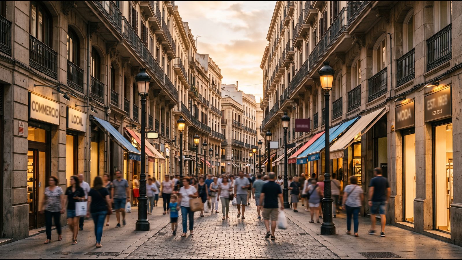 Calle comercial peatonal de una gran ciudad española con escaparates iluminados y gente paseando