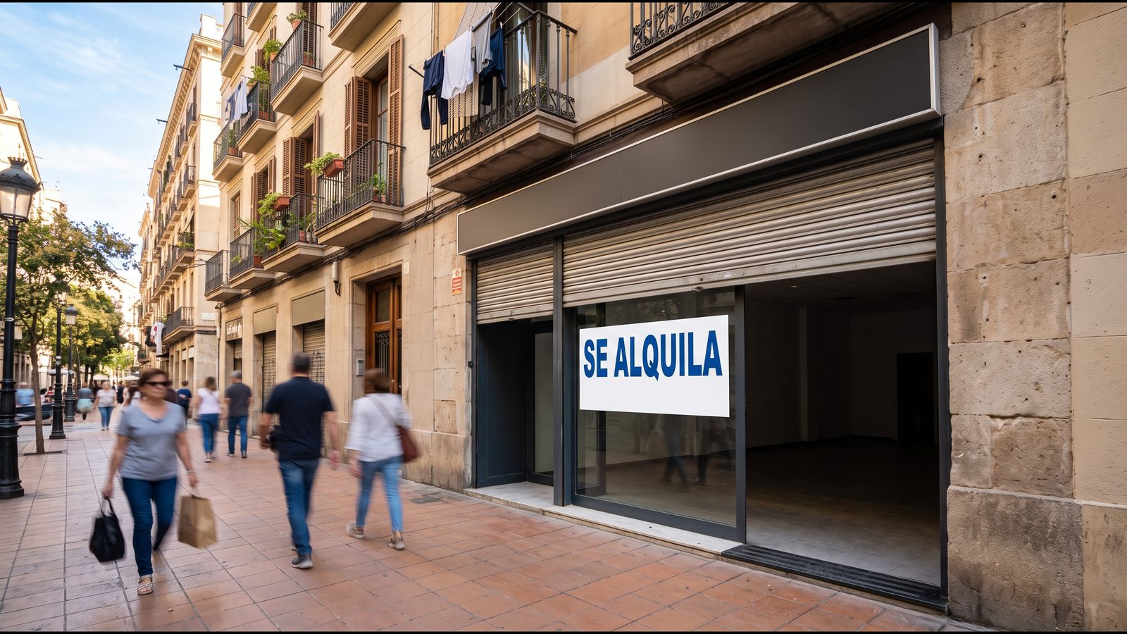 Local comercial vacío en alquiler en una calle de barrio de una ciudad española, con cartel de se alquila