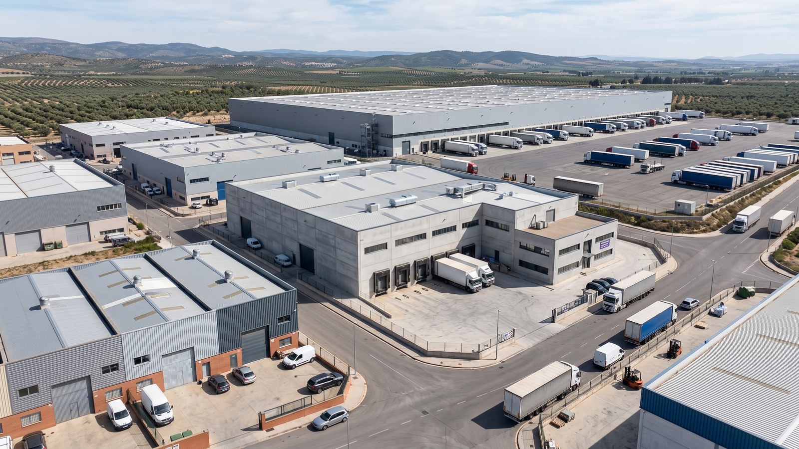 Vista aérea de un polígono industrial español con naves logísticas y camiones en los muelles