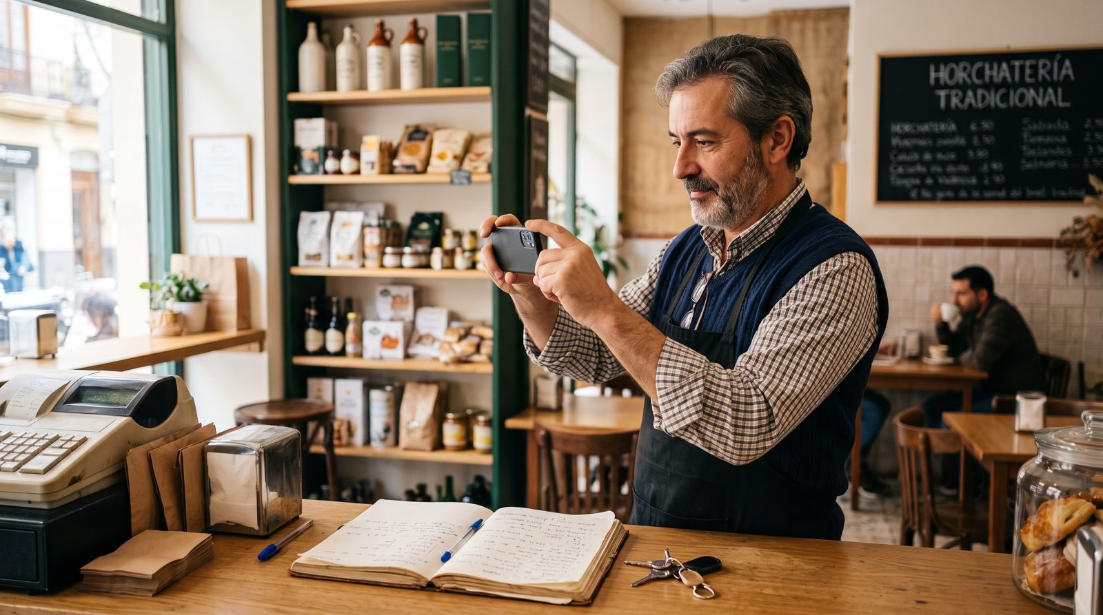 Comerciante fotografiando su local con el teléfono móvil