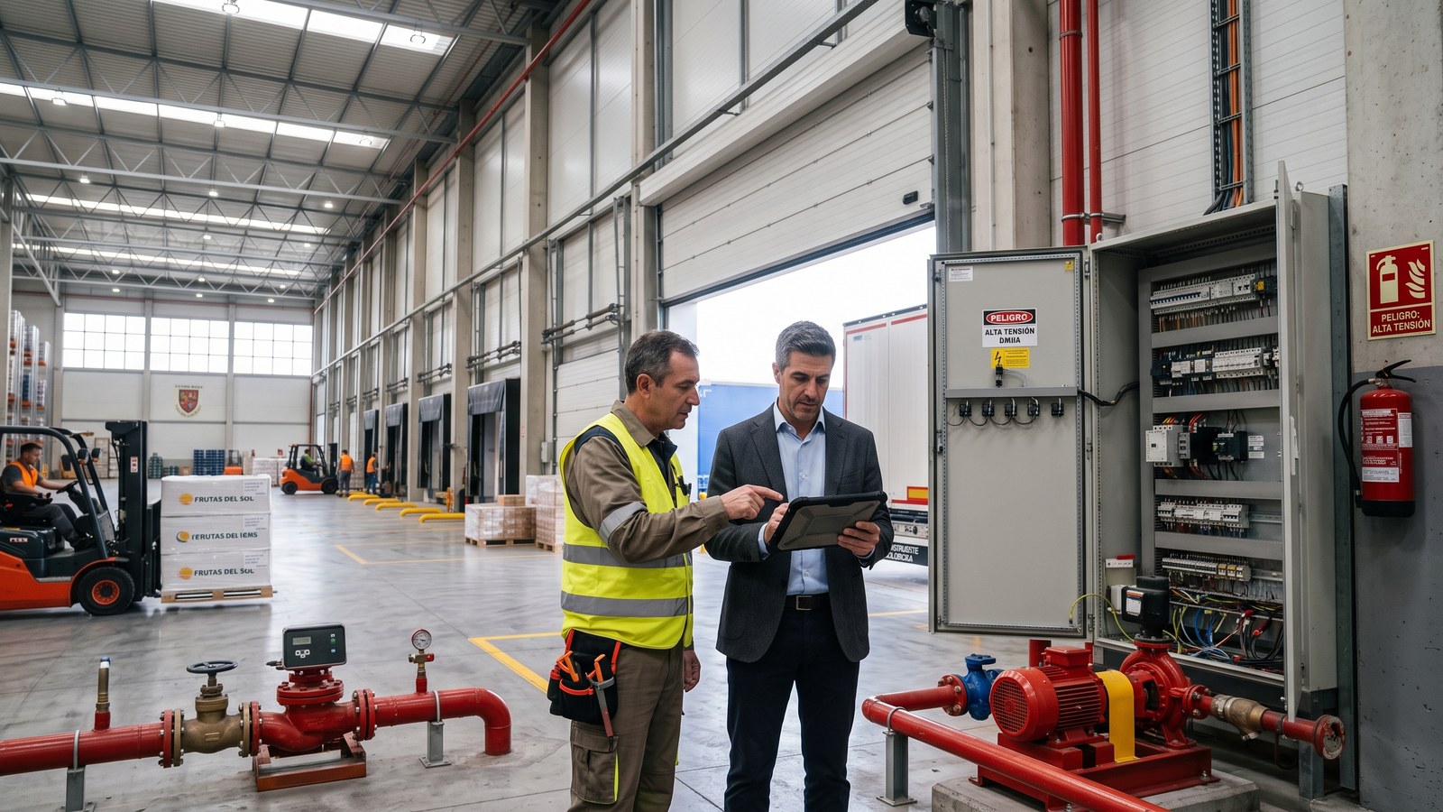 Un técnico y un empresario revisan el cuadro eléctrico y la instalación contra incendios de una nave