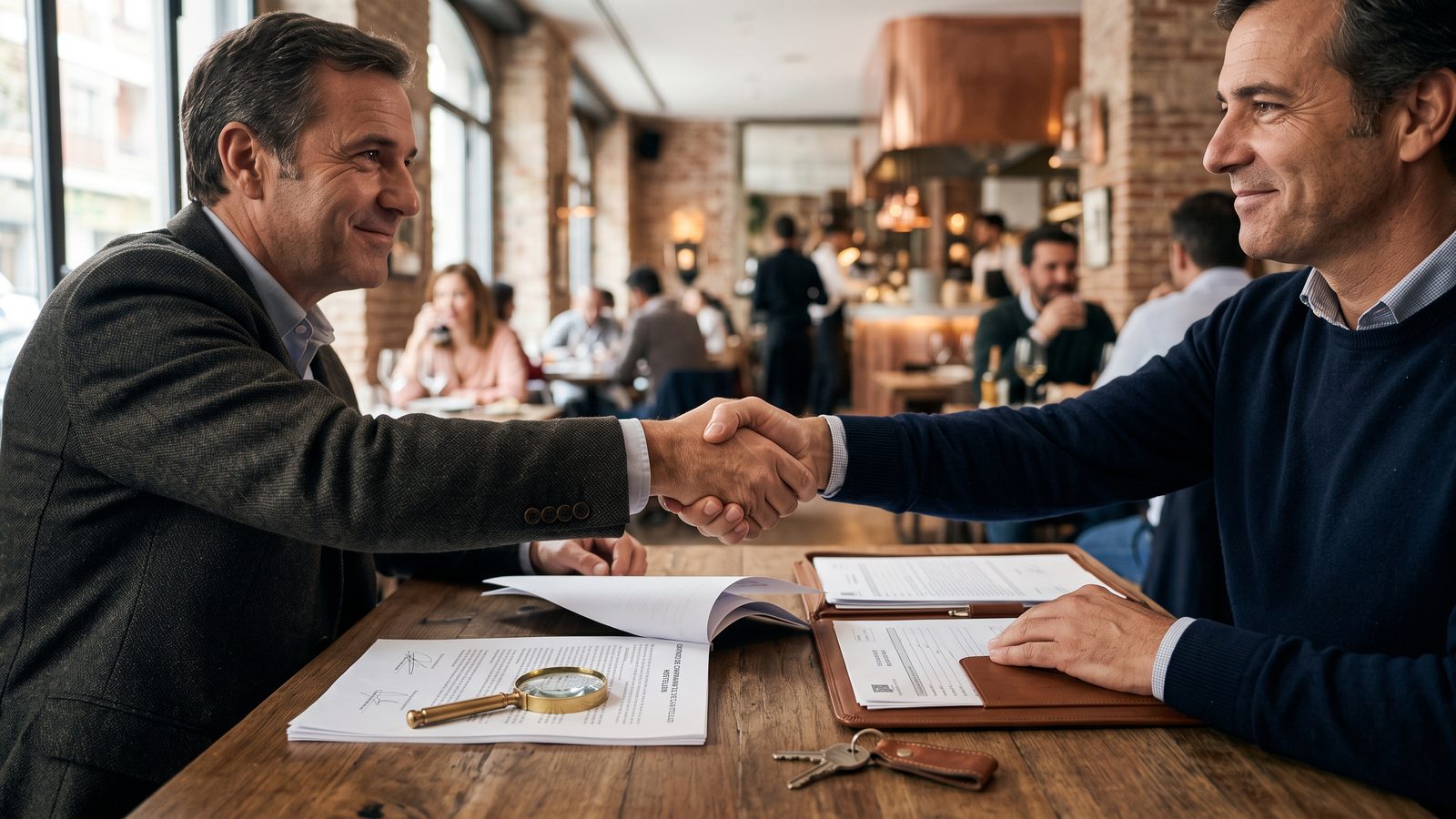 Comprador y vendedor revisando la licencia y el contrato de alquiler de un bar antes de firmar