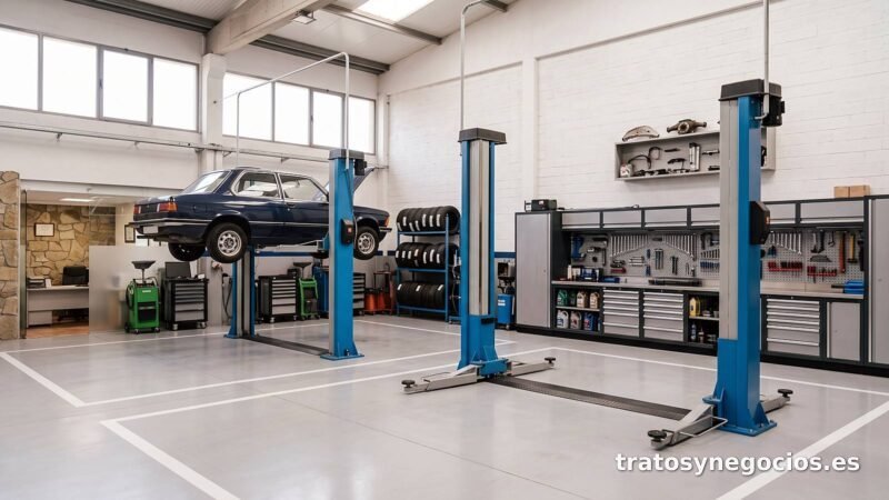 Taller mecánico con dos elevadores y maquinaria completa