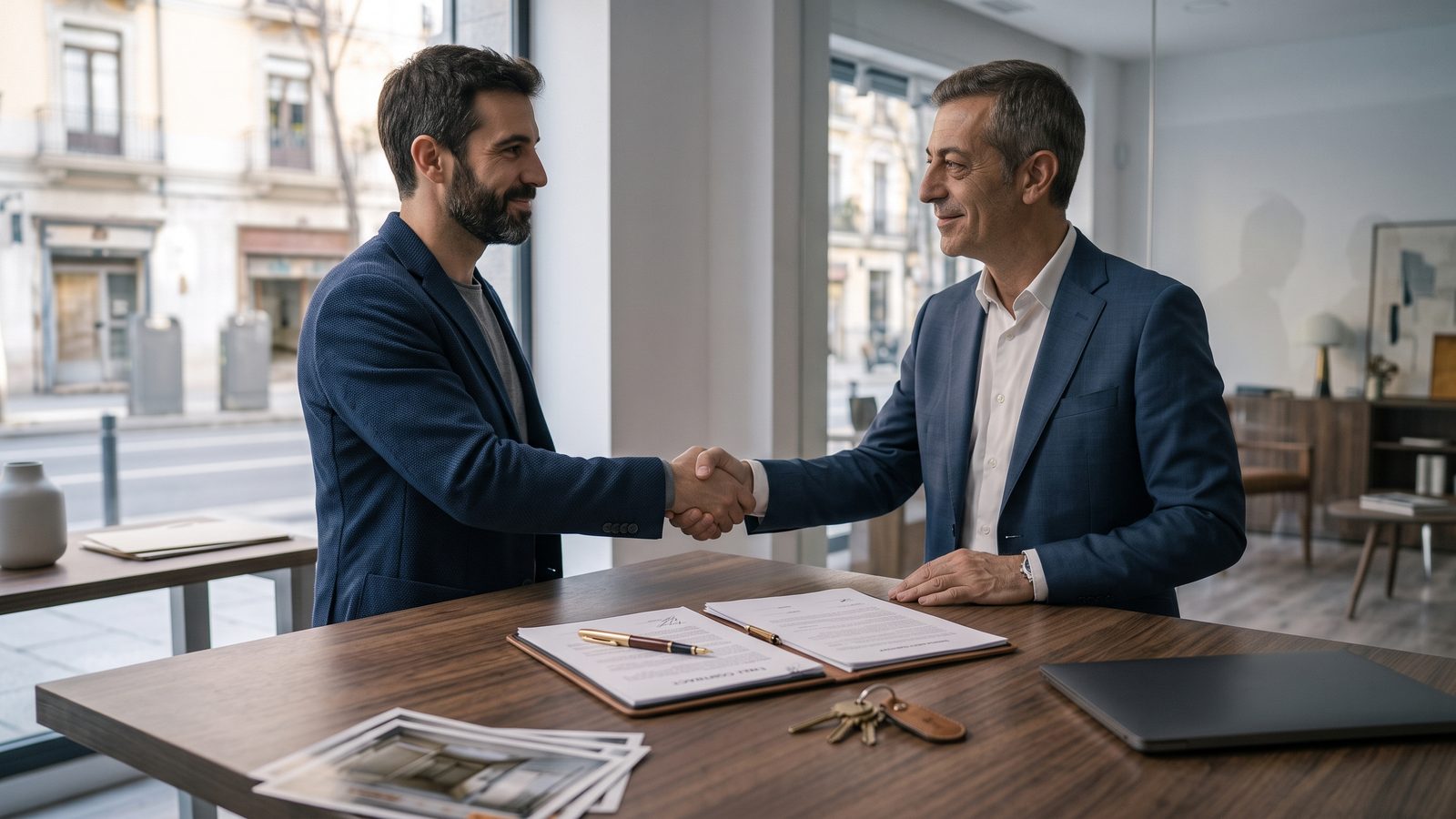 Comprador y vendedor se dan la mano tras cerrar el acuerdo, con el contrato y las llaves sobre la mesa