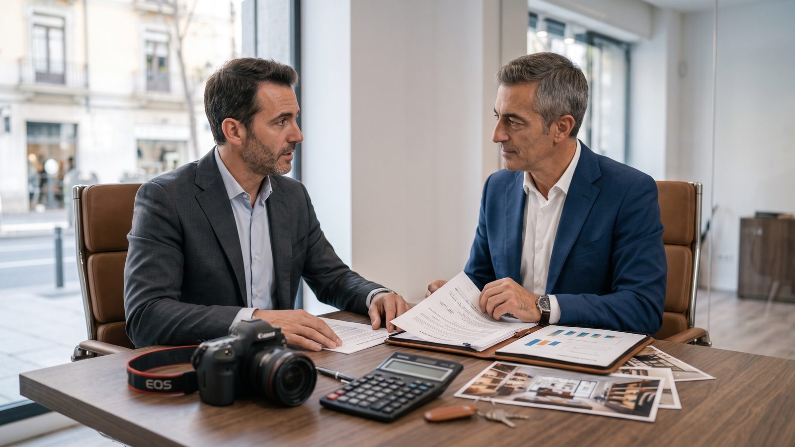 Vendedor y comprador negocian sentados frente a frente, con los documentos y una calculadora sobre la mesa
