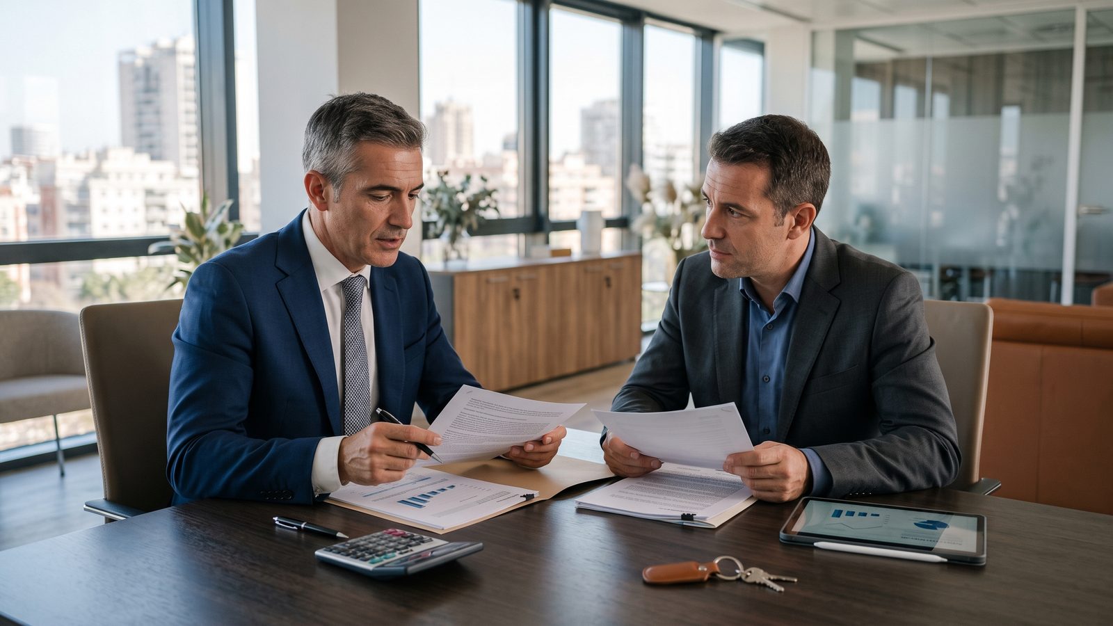 Dos empresarios revisan los documentos de una operación en un despacho con vistas a la ciudad