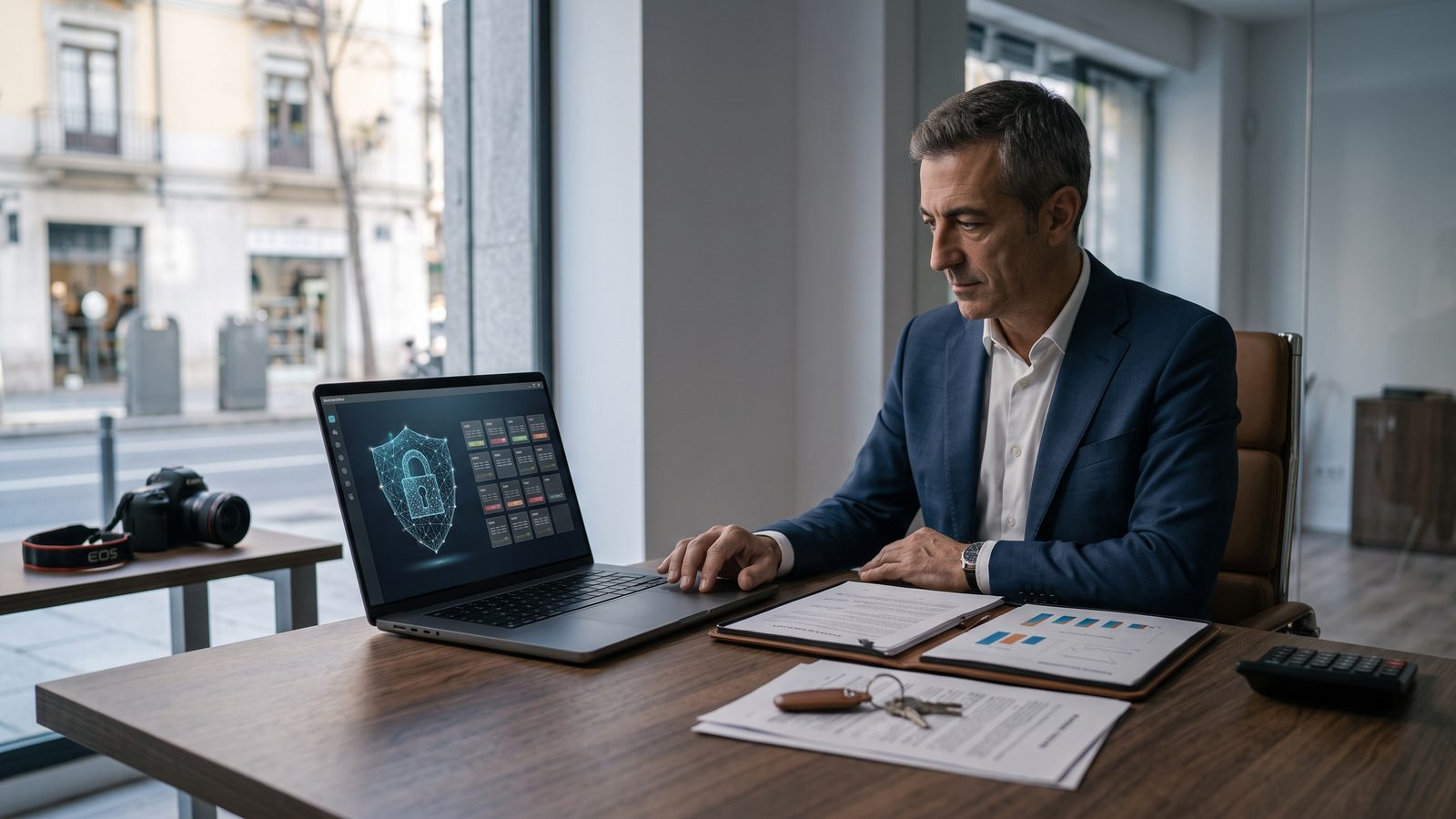 Un empresario consulta en el portátil la protección de sus datos durante la operación