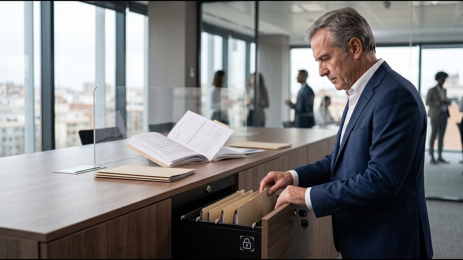 El propietario guarda los expedientes de los trabajadores en un archivador con llave