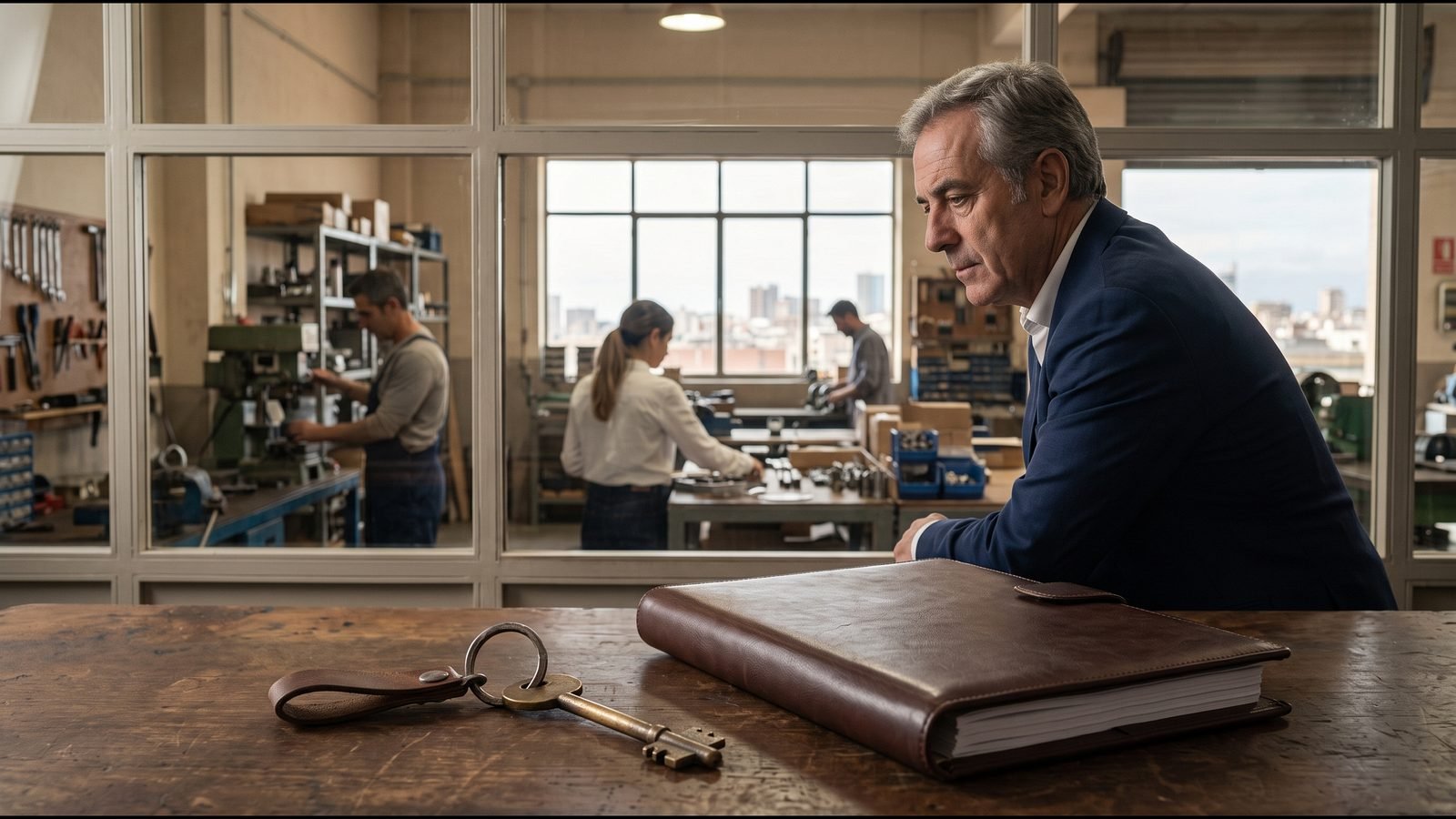 El comprador, con las llaves y la carpeta del negocio sobre la mesa, observa el taller a través del cristal