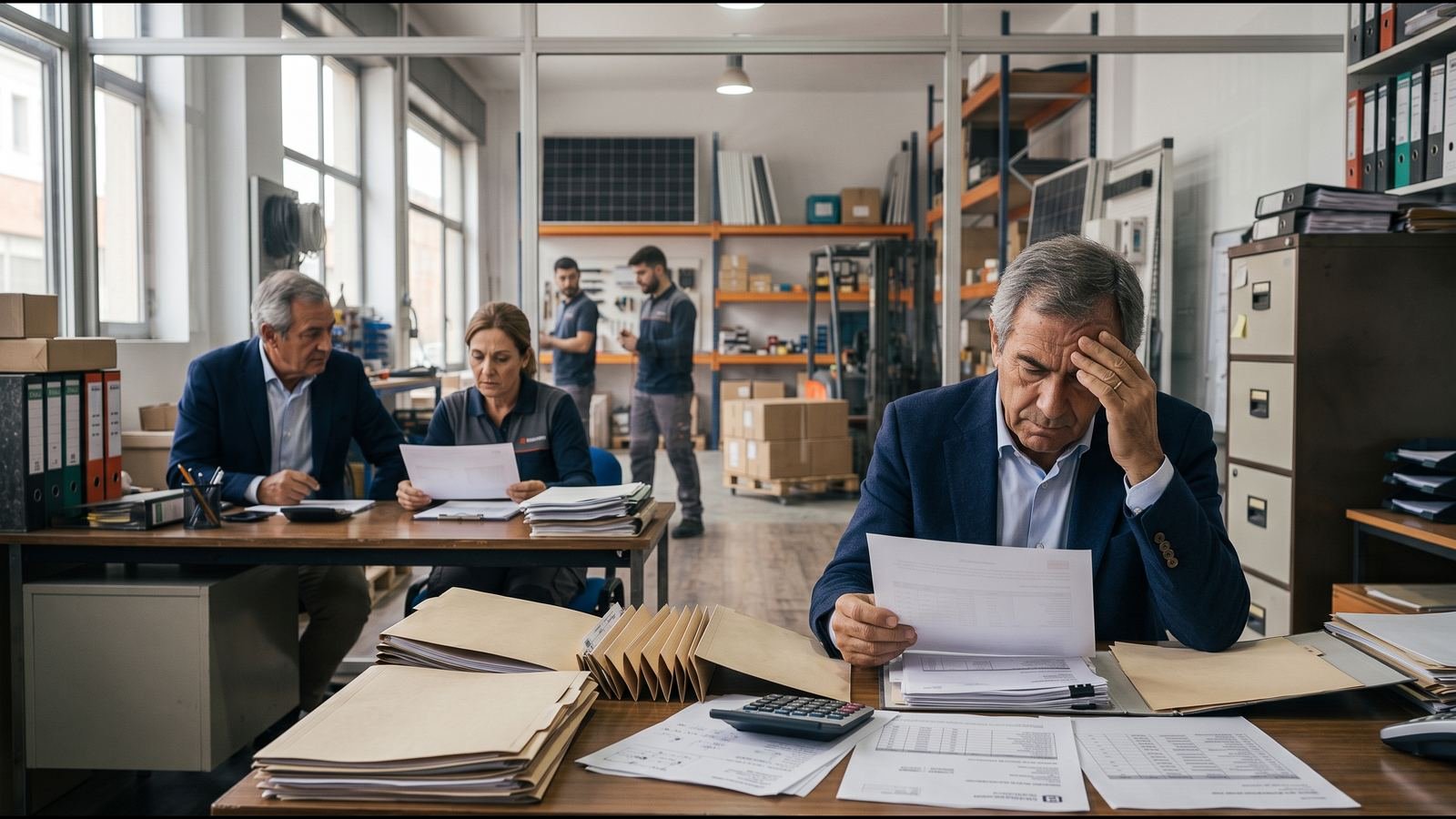 El comprador revisa con gesto preocupado unos documentos laborales en la oficina del negocio