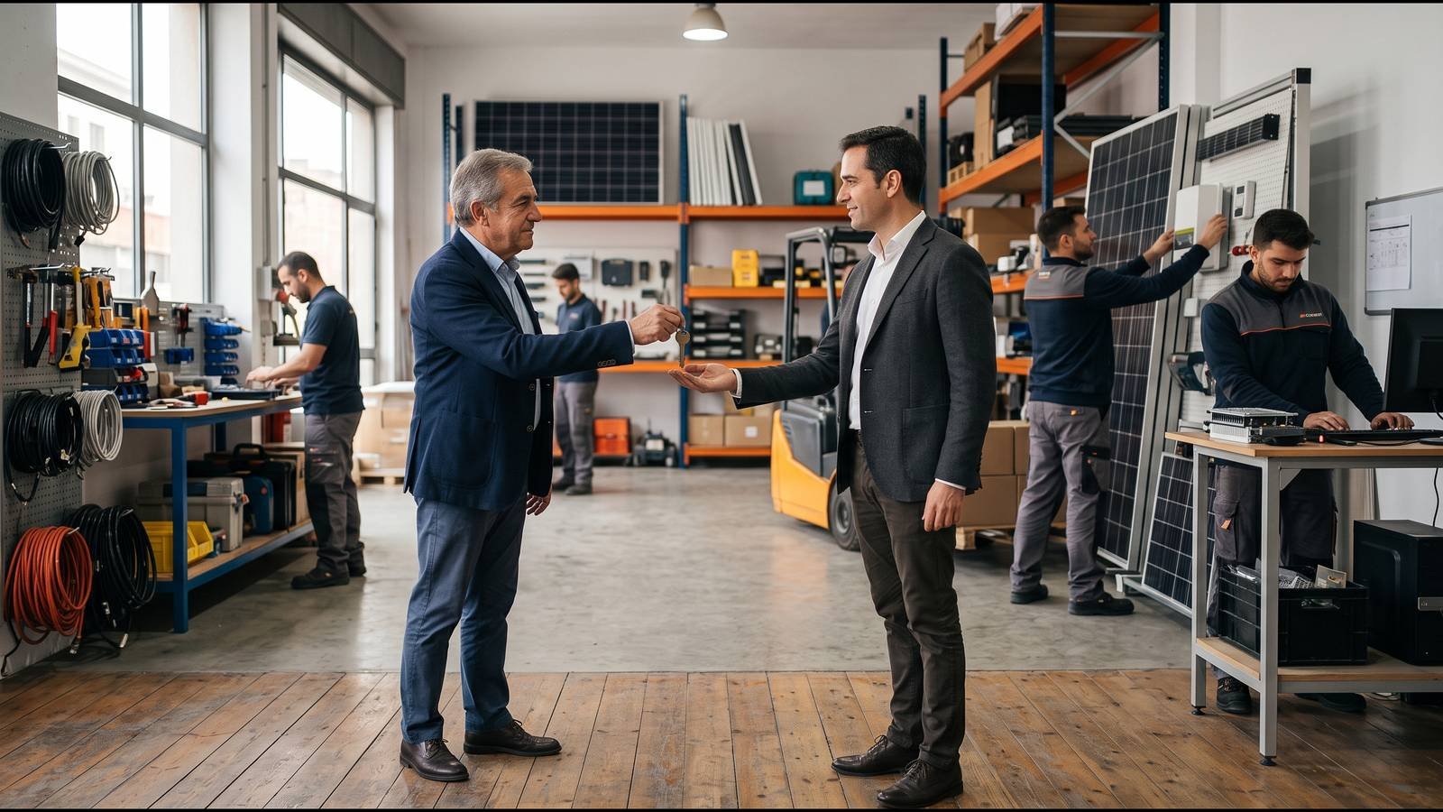 Vendedor y comprador se dan la mano en el almacén de un negocio de material eléctrico, con los empleados trabajando al fondo