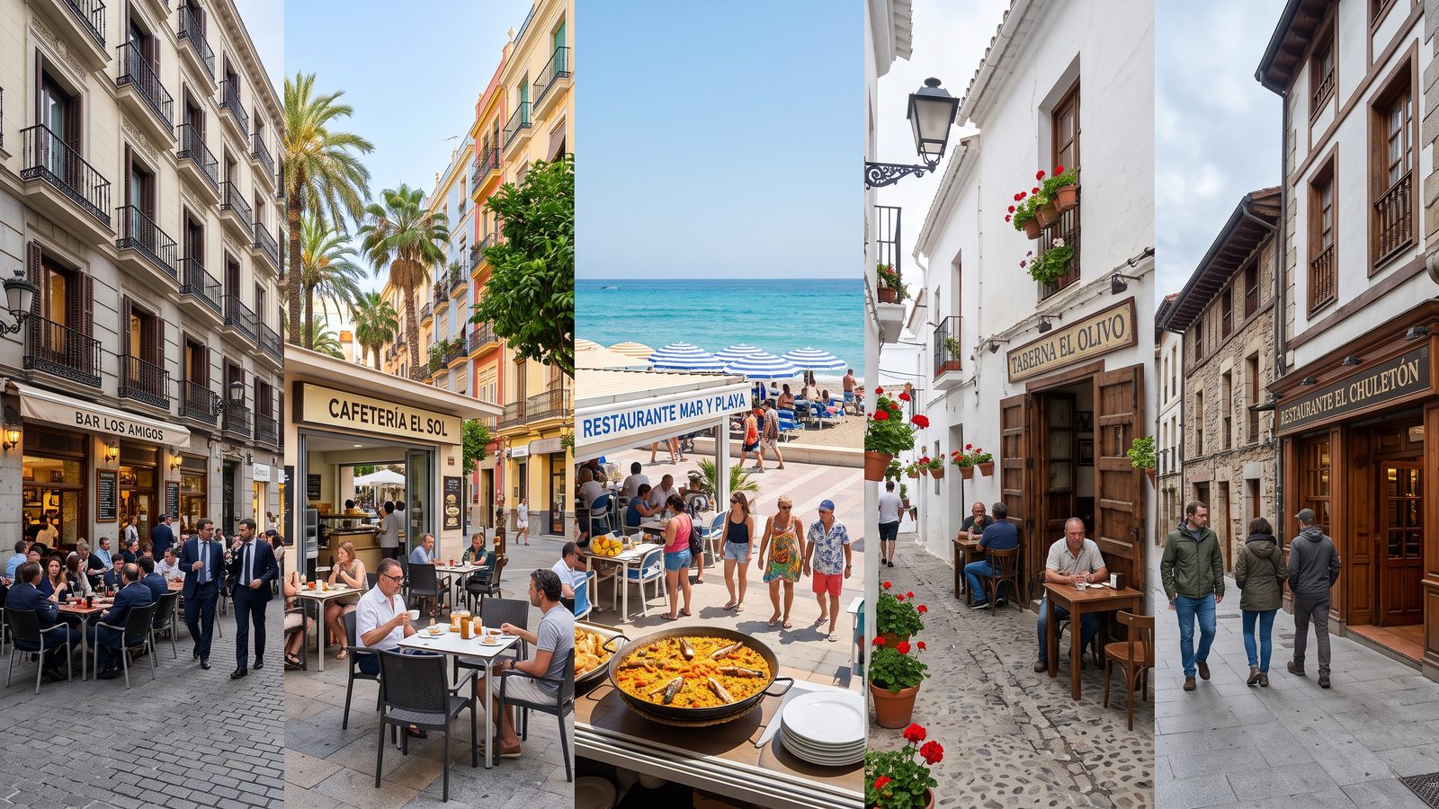 Cinco escenas de bares y restaurantes de distintas provincias españolas: ciudad, costa, pueblo blanco y norte