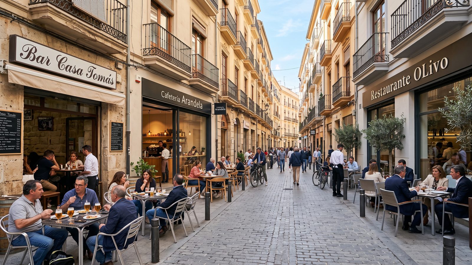 Calle peatonal española con terrazas llenas de un bar, una cafetería y un restaurante